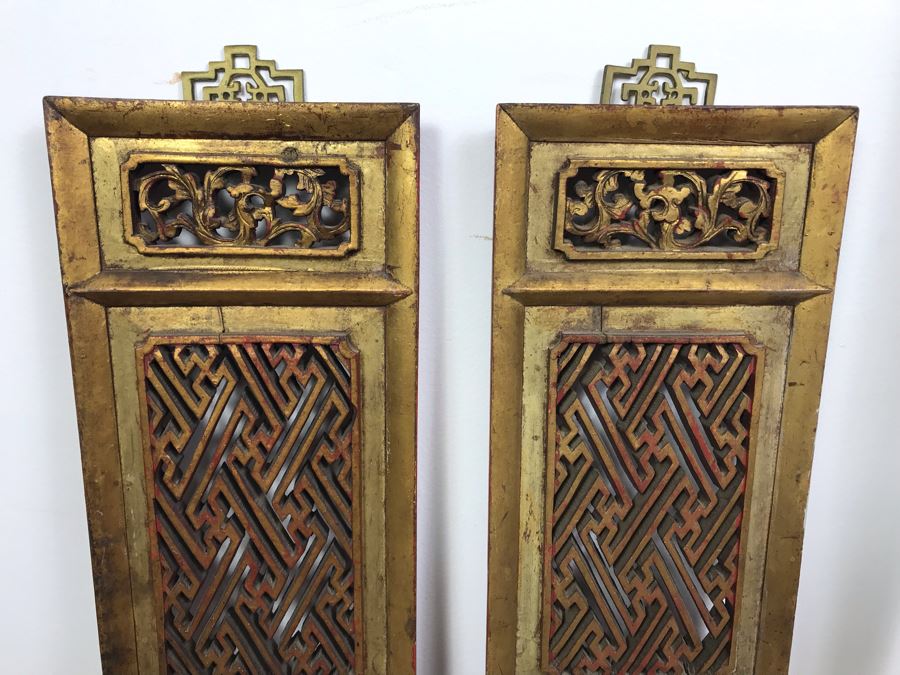 Pair Of Vintage Chinese Hand Carved Gilt Wooden Wall Hangings Ea. 6' X 23' [Photo 4]