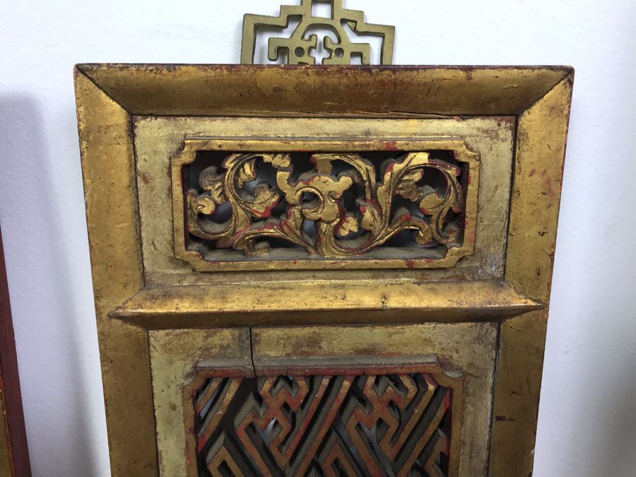 Pair Of Vintage Chinese Hand Carved Gilt Wooden Wall Hangings Ea. 6' X 23' [Photo 5]
