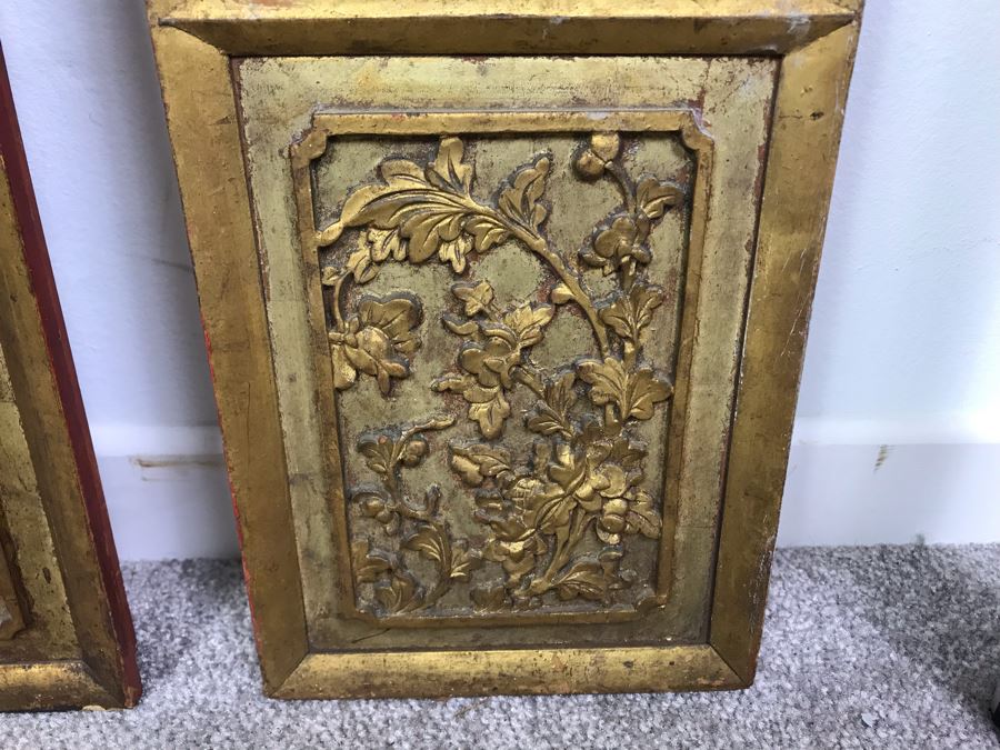 Pair Of Vintage Chinese Hand Carved Gilt Wooden Wall Hangings Ea. 6' X 23'