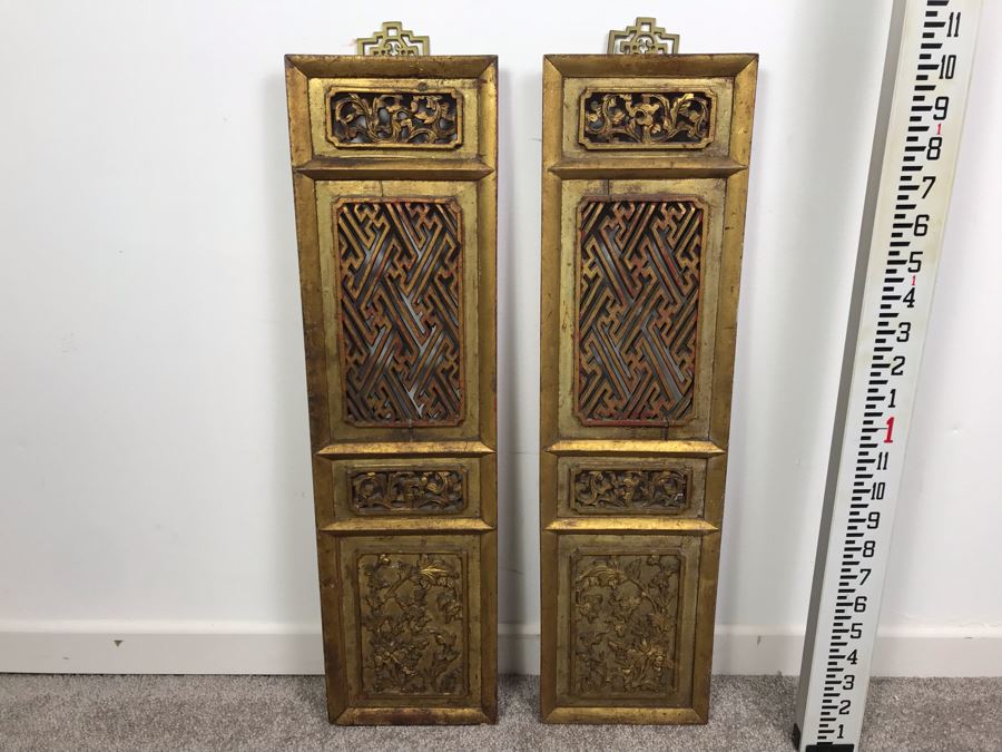 Pair Of Vintage Chinese Hand Carved Gilt Wooden Wall Hangings Ea. 6' X 23' [Photo 3]