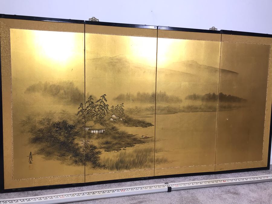 Original Asian Signed Painting Gold Folding Screen Divider 66' X 36' [Photo 17]