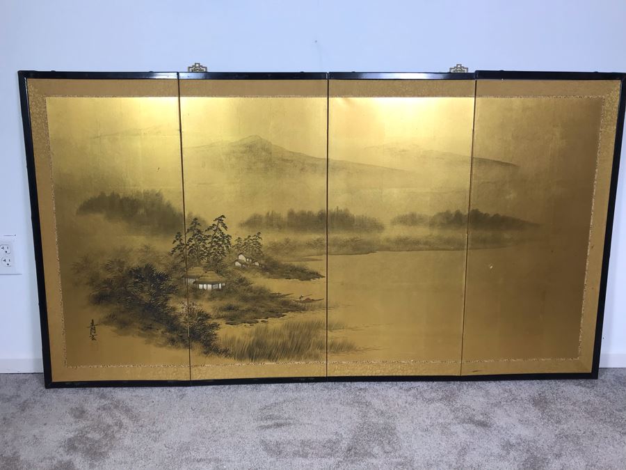 Original Asian Signed Painting Gold Folding Screen Divider 66' X 36'