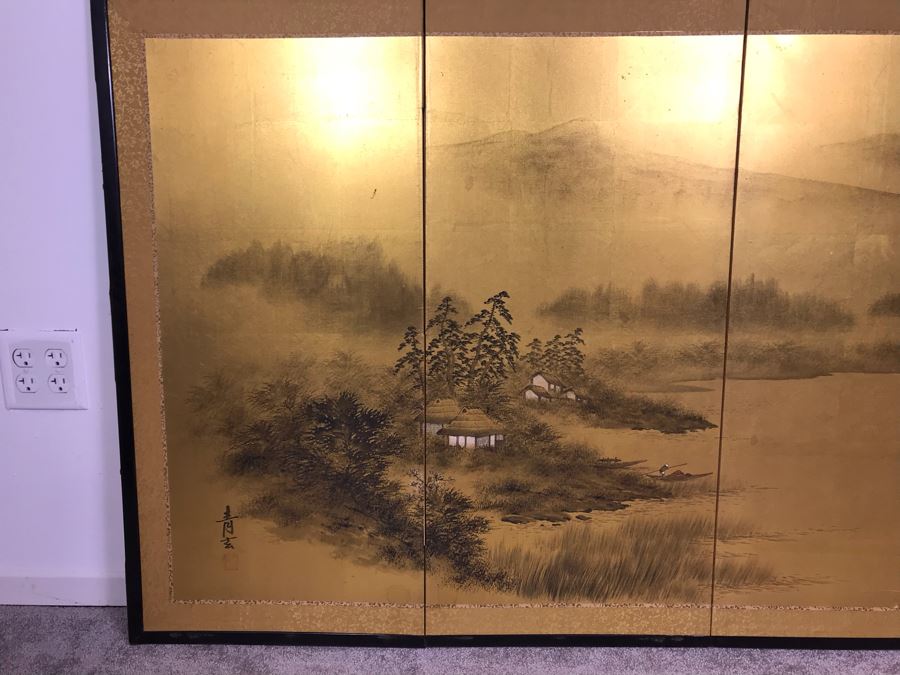 Original Asian Signed Painting Gold Folding Screen Divider 66' X 36' [Photo 6]