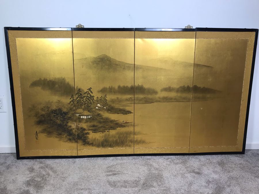 Original Asian Signed Painting Gold Folding Screen Divider 66' X 36' [Photo 2]