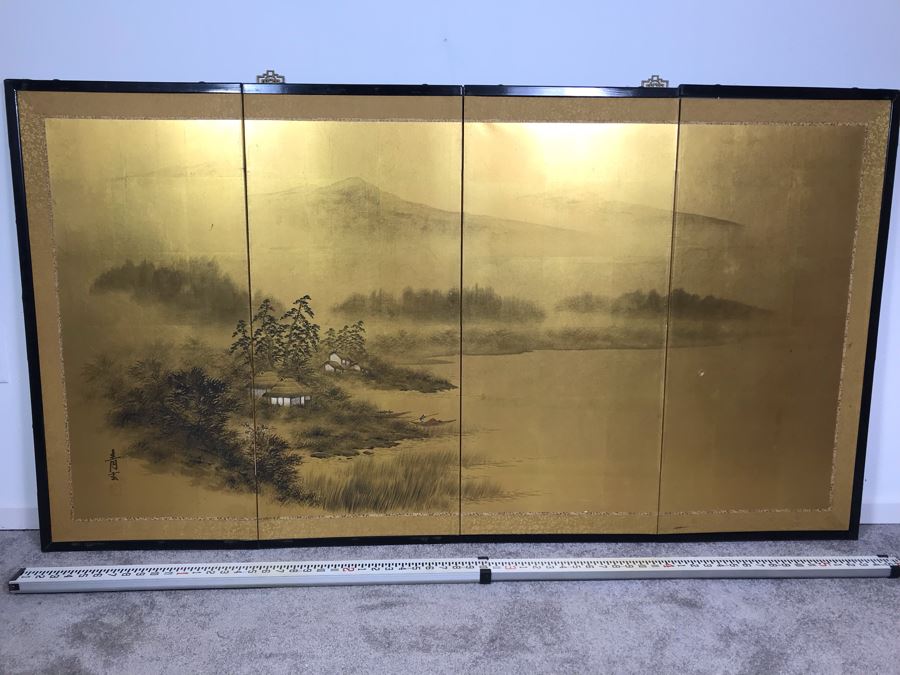 Original Asian Signed Painting Gold Folding Screen Divider 66' X 36' [Photo 4]