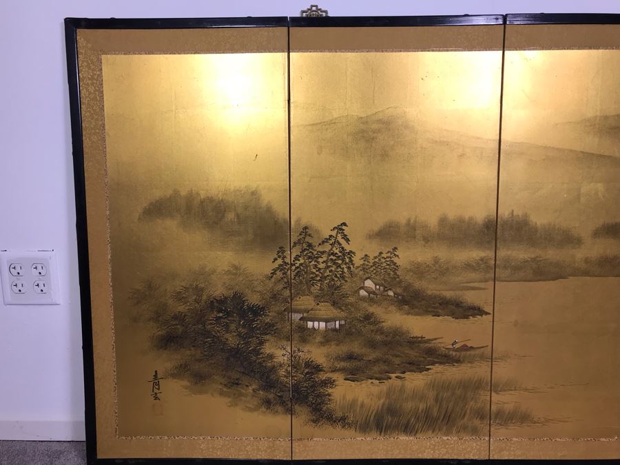Original Asian Signed Painting Gold Folding Screen Divider 66' X 36' [Photo 5]