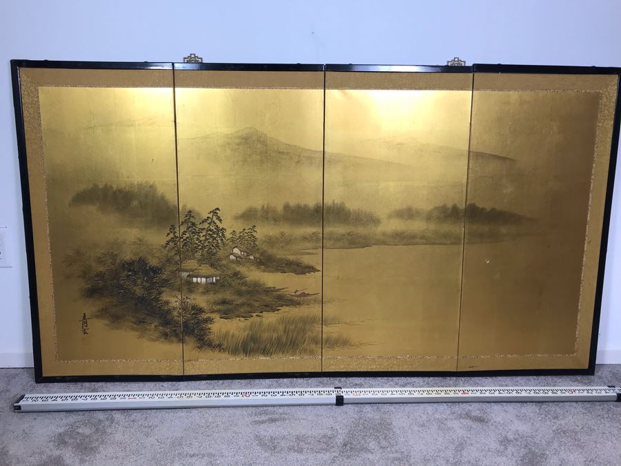 Original Asian Signed Painting Gold Folding Screen Divider 66' X 36' [Photo 3]