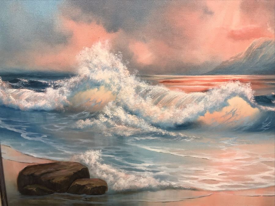 Framed Original Oil Painting Of Shoreline Crashing Waves By Bobbi Harrington After Garin 36' X 27' [Photo 7]