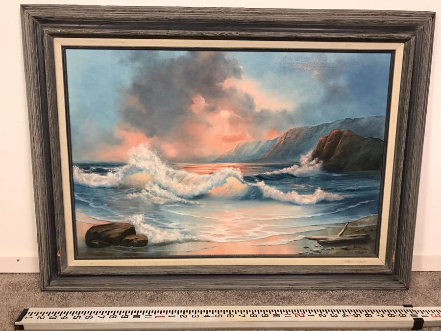 Framed Original Oil Painting Of Shoreline Crashing Waves By Bobbi Harrington After Garin 36' X 27'