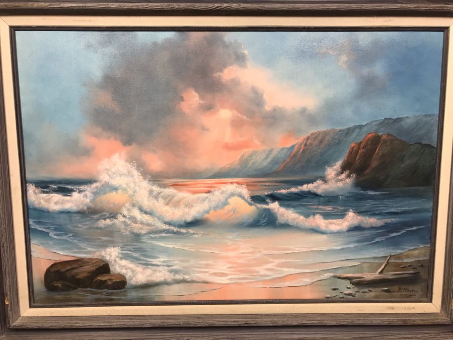 Framed Original Oil Painting Of Shoreline Crashing Waves By Bobbi Harrington After Garin 36' X 27' [Photo 3]