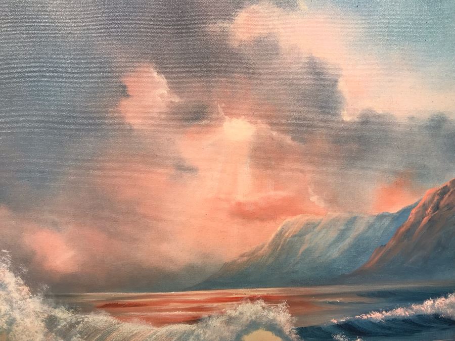 Framed Original Oil Painting Of Shoreline Crashing Waves By Bobbi Harrington After Garin 36' X 27' [Photo 4]