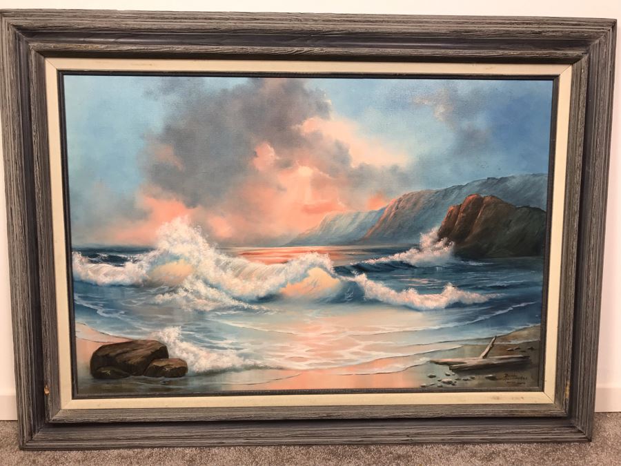 Framed Original Oil Painting Of Shoreline Crashing Waves By Bobbi Harrington After Garin 36' X 27' [Photo 2]