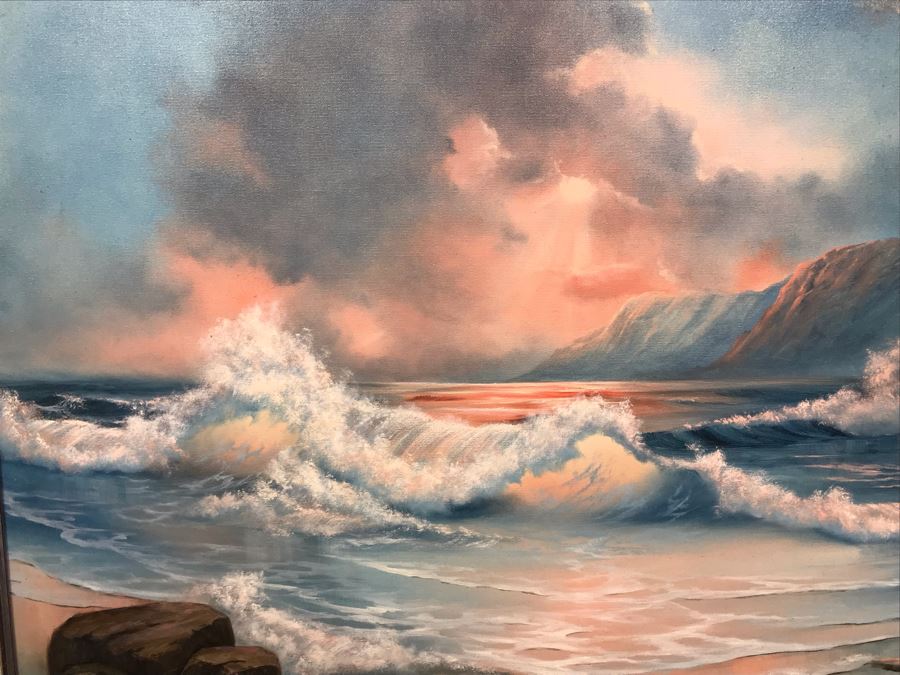 Framed Original Oil Painting Of Shoreline Crashing Waves By Bobbi Harrington After Garin 36' X 27' [Photo 8]