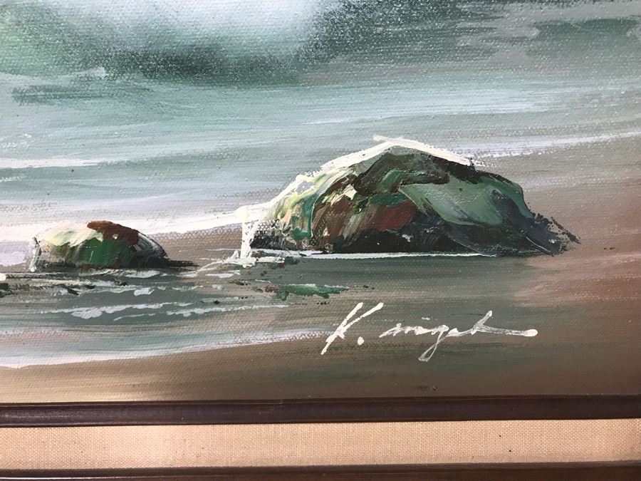 Framed Original Signed Oil Painting Of Shoreline Crashing Waves Signature Illegible 31' X 27' [Photo 5]