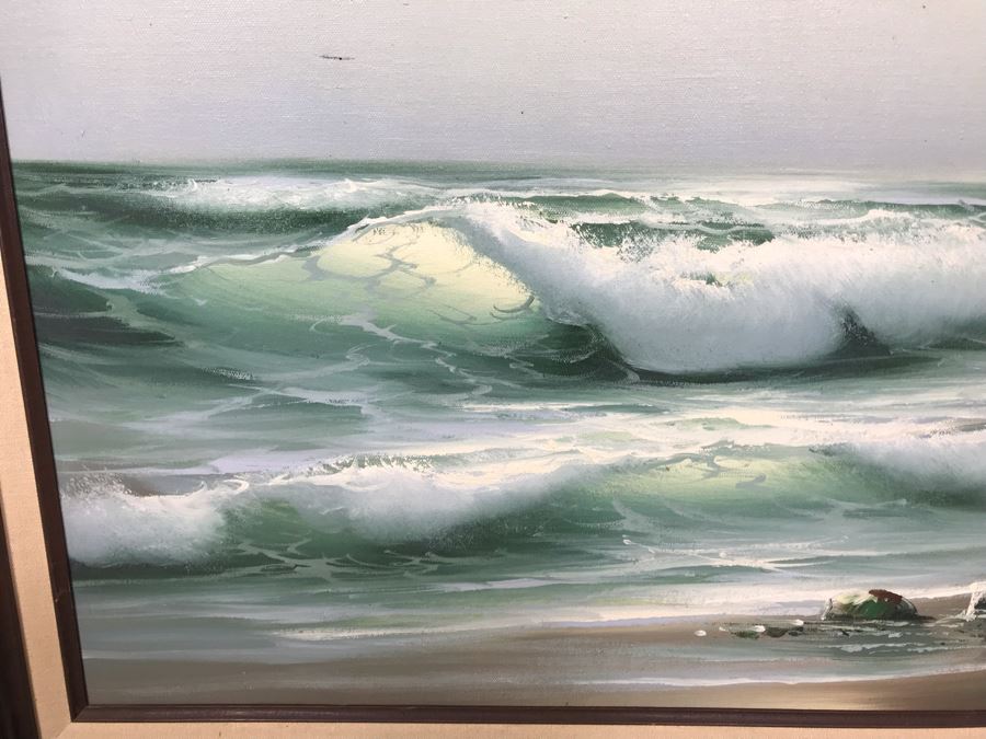 Framed Original Signed Oil Painting Of Shoreline Crashing Waves Signature Illegible 31' X 27' [Photo 3]