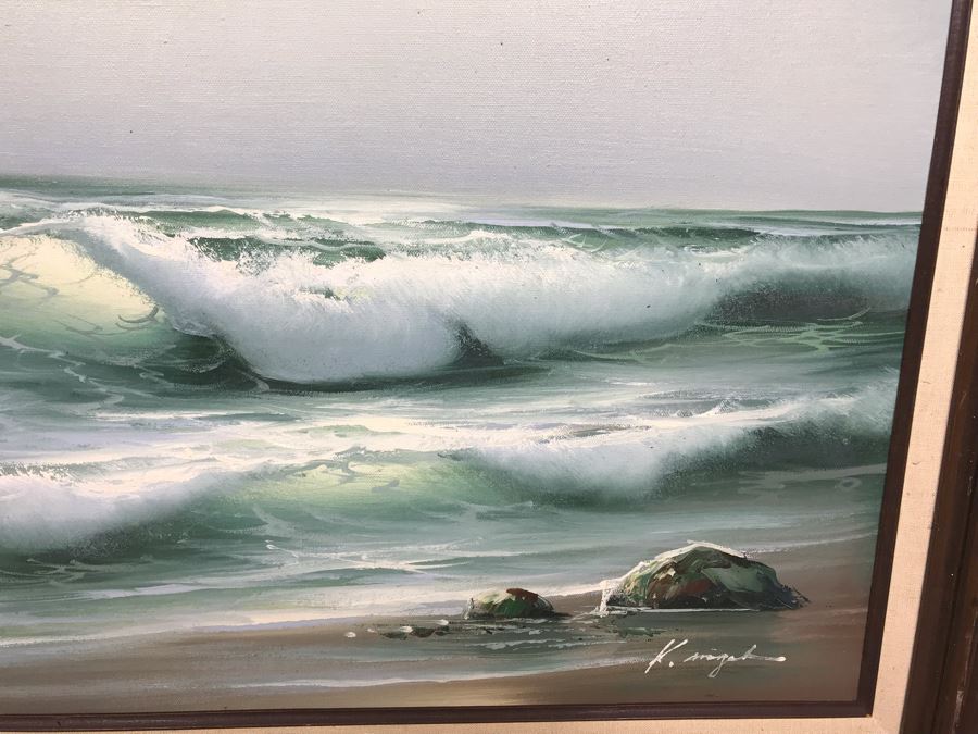 Framed Original Signed Oil Painting Of Shoreline Crashing Waves Signature Illegible 31' X 27' [Photo 4]