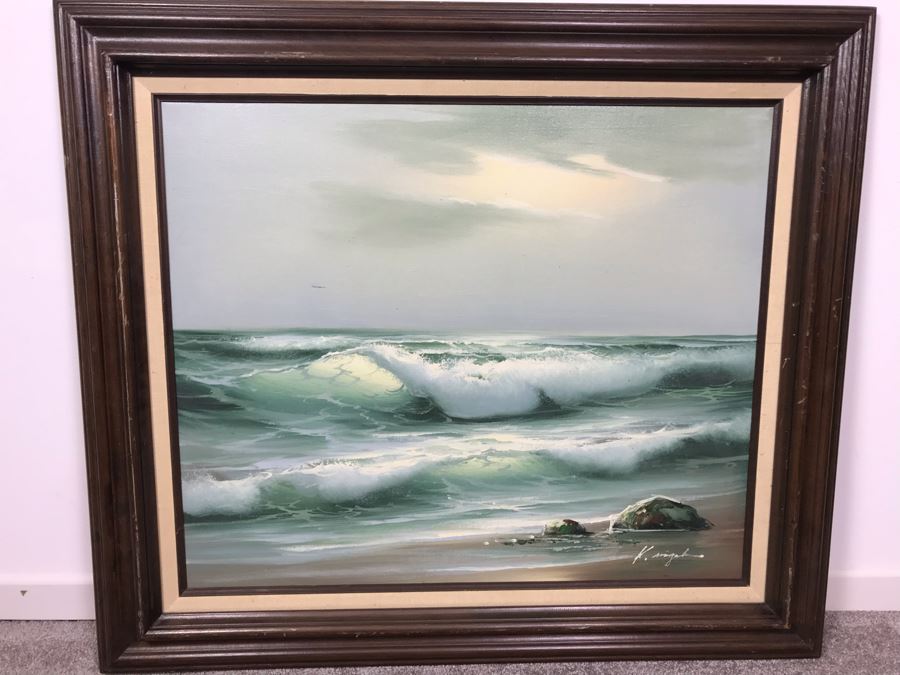 Framed Original Signed Oil Painting Of Shoreline Crashing Waves Signature Illegible 31' X 27'