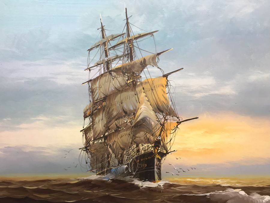 Framed Original Signed Oil Painting Of Ship At Sea Signature Illegible 31' X 27' [Photo 3]