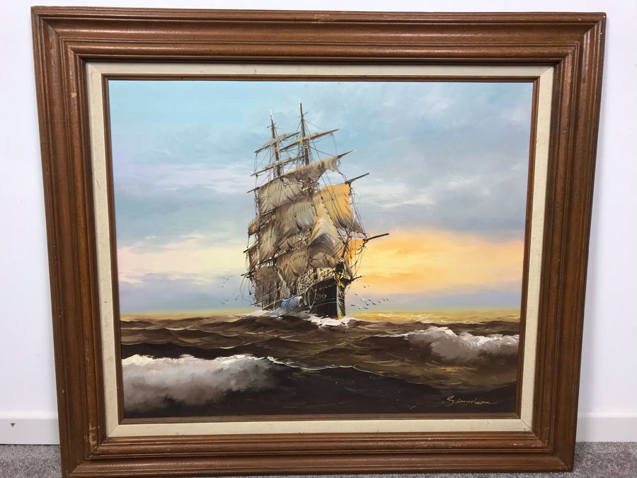 Framed Original Signed Oil Painting Of Ship At Sea