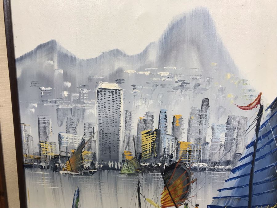 Framed Original Signed Oil Painting Of Chinese Junk Boats By Robert Lo 31' X 26' [Photo 3]