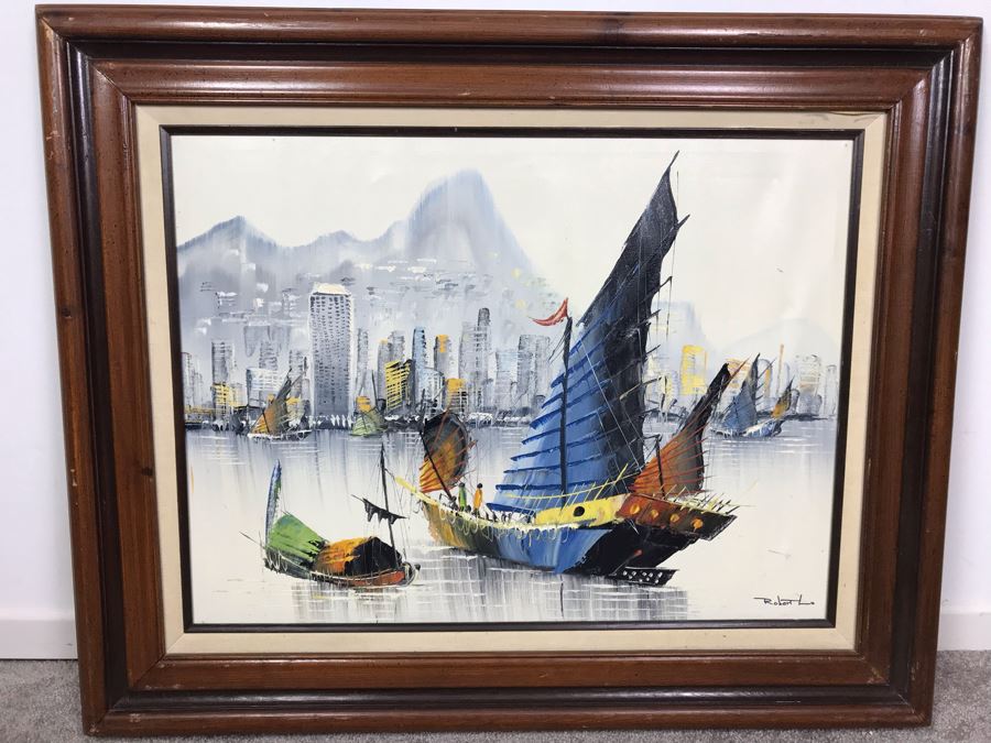 Framed Original Signed Oil Painting Of Chinese Junk Boats By Robert Lo 31' X 26' [Photo 1]
