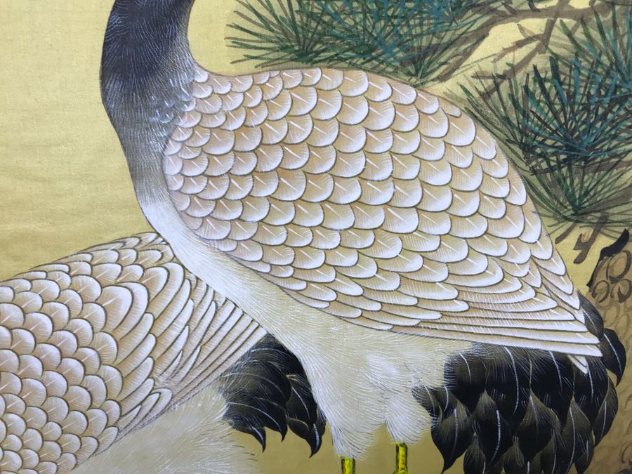 Original Chinese Silk Painting Of Red Crowned Cranes Mounted To Board 19' X 42' [Photo 3]