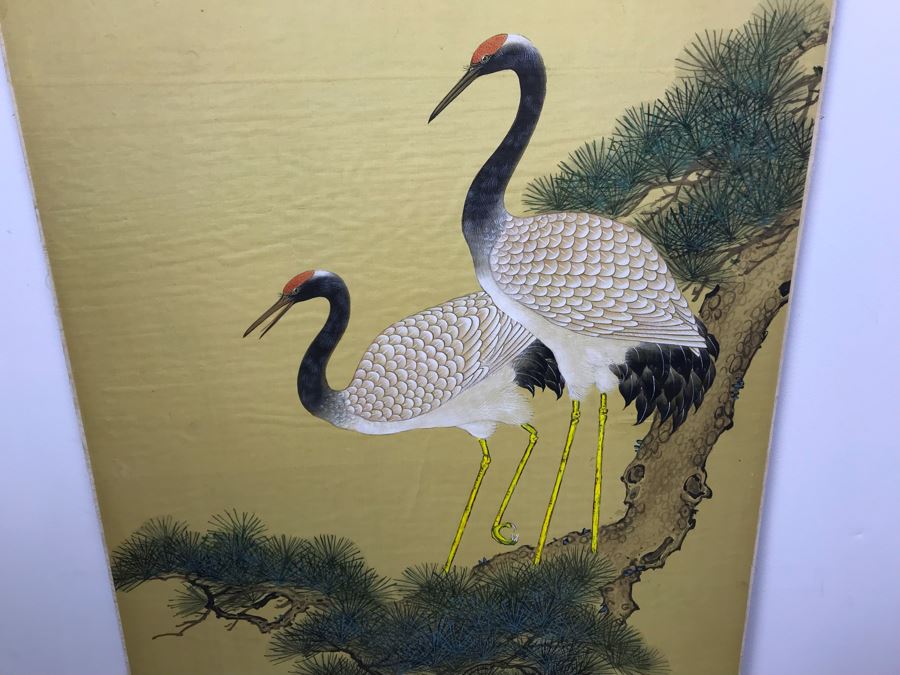 Original Chinese Silk Painting Of Red Crowned Cranes Mounted To Board X