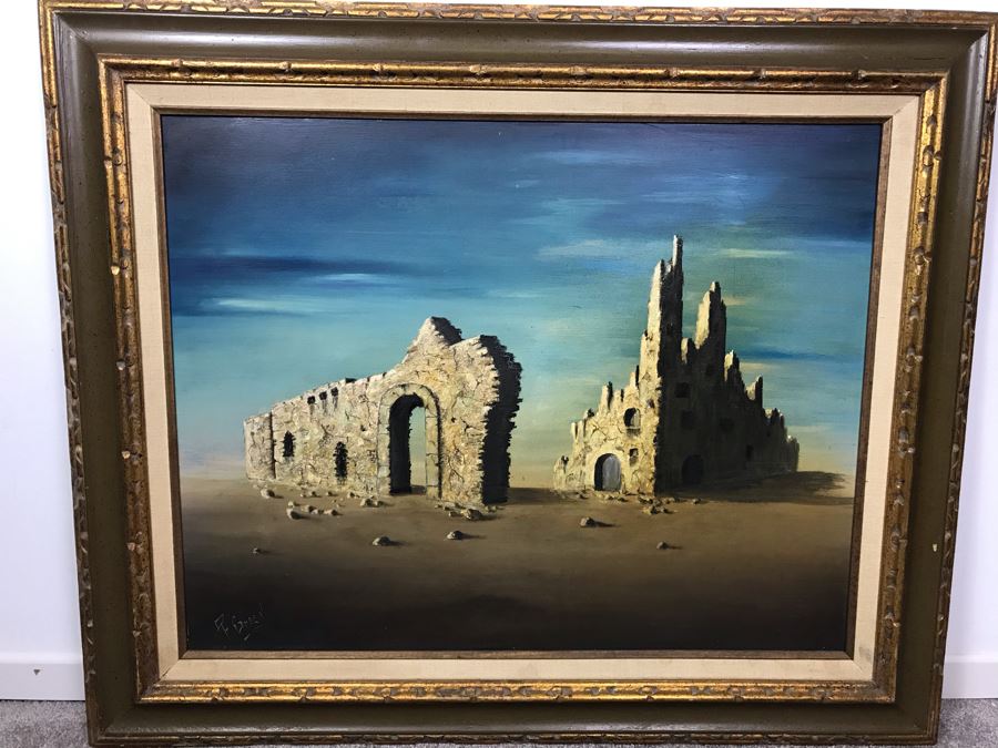 Framed Original Signed Oil Painting Surrealist Architectural Ruins By R. Green 36' X 30' [Photo 2]