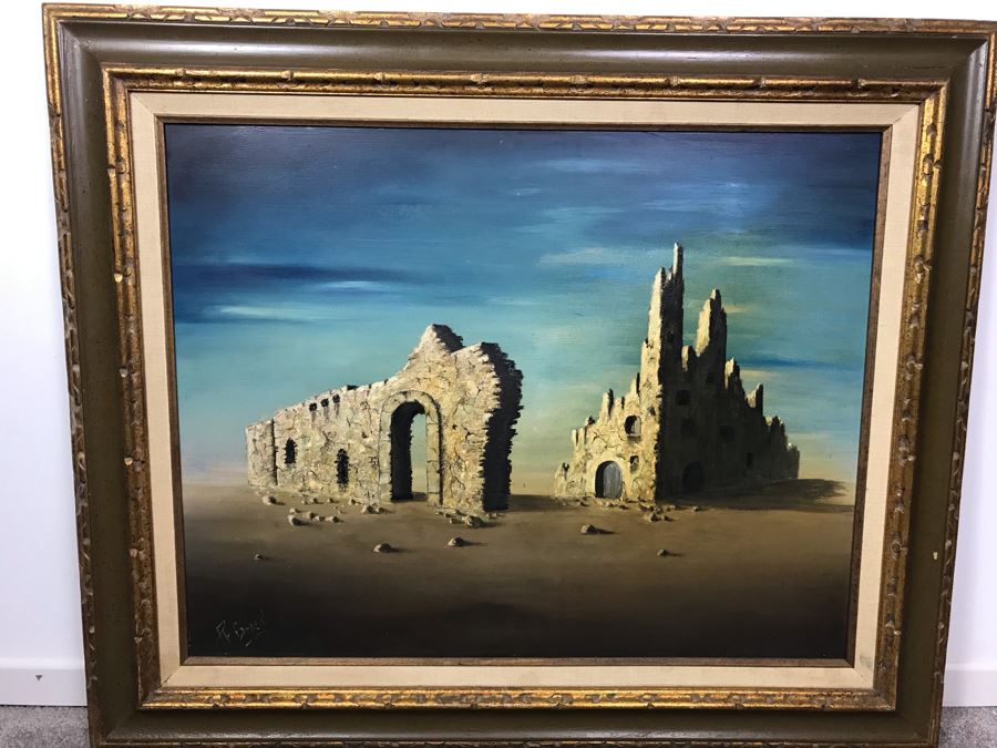 Framed Original Signed Oil Painting Surrealist Architectural Ruins By R. Green 36' X 30'