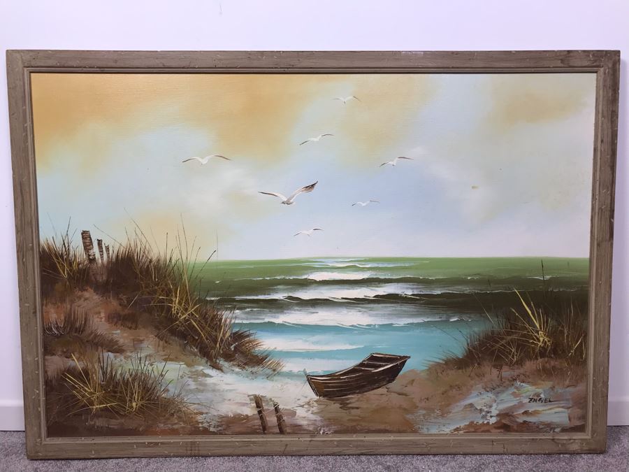 Framed Original Signed Oil Painting Seascape By Engel 38' X 26' [Photo 1]