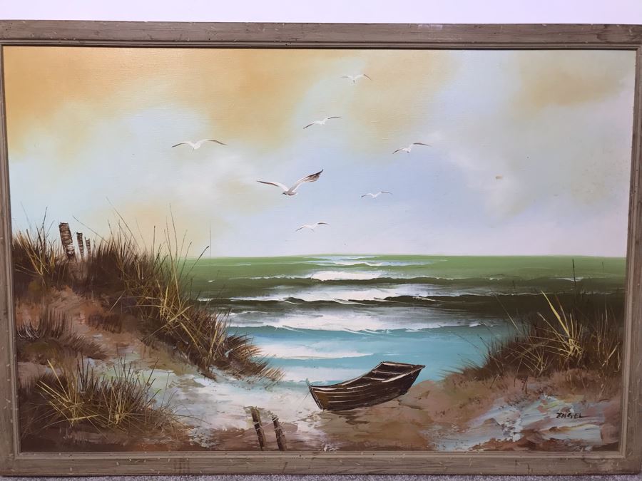 Framed Original Signed Oil Painting Seascape By Engel 38' X 26' [Photo 2]