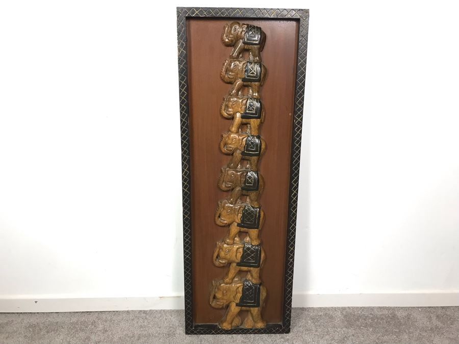 Carved Wooden Stacking Elephants Artwork 11' X 32' [Photo 1]