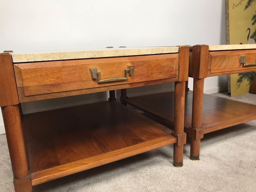 Pair Of Mid-Century Wooden Side Tables With Italian Marble Tops By Medallion Limited 24'W X 28'D X 19'H [Photo 8]
