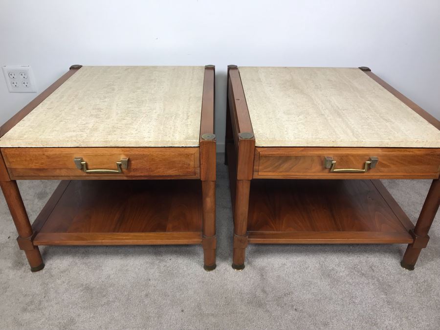 Pair Of Mid-Century Wooden Side Tables With Italian Marble Tops By Medallion Limited 24'W X 28'D X 19'H [Photo 2]