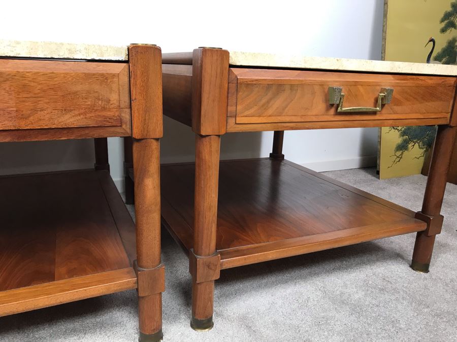 Pair Of Mid-Century Wooden Side Tables With Italian Marble Tops By Medallion Limited 24'W X 28'D X 19'H [Photo 7]