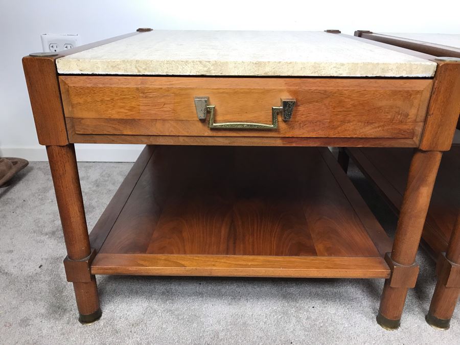 Pair Of Mid-Century Wooden Side Tables With Italian Marble Tops By Medallion Limited 24'W X 28'D X 19'H [Photo 5]