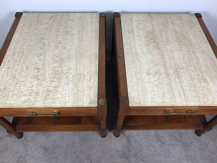 Pair Of Mid-Century Wooden Side Tables With Italian Marble Tops By Medallion Limited 24'W X 28'D X 19'H [Photo 3]