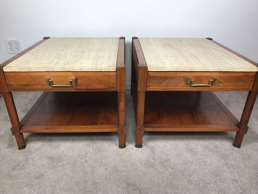 Pair Of Mid-Century Wooden Side Tables With Italian Marble Tops By Medallion Limited 24'W X 28'D X 19'H