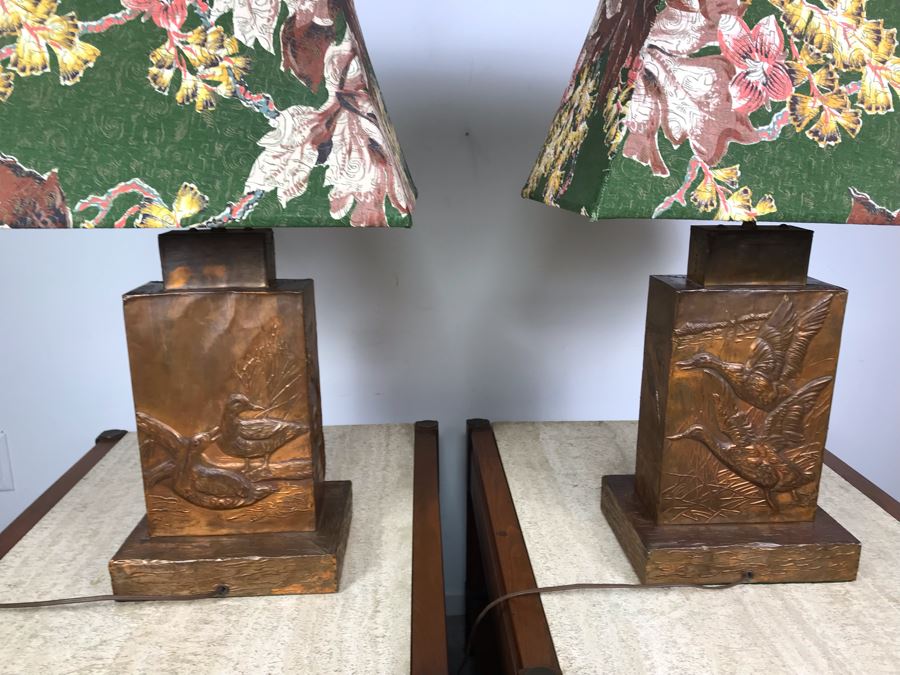 Pair Of Vintage Copper Embossed Table Lamps Decorated With Wildlife Ducks [Photo 11]