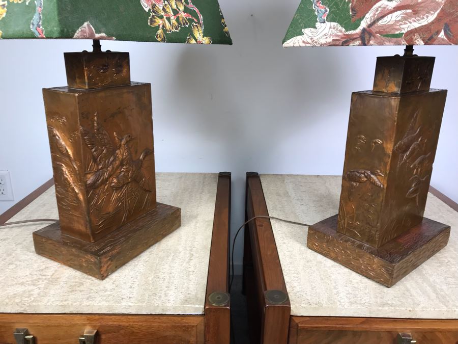 Pair Of Vintage Copper Embossed Table Lamps Decorated With Wildlife Ducks [Photo 9]