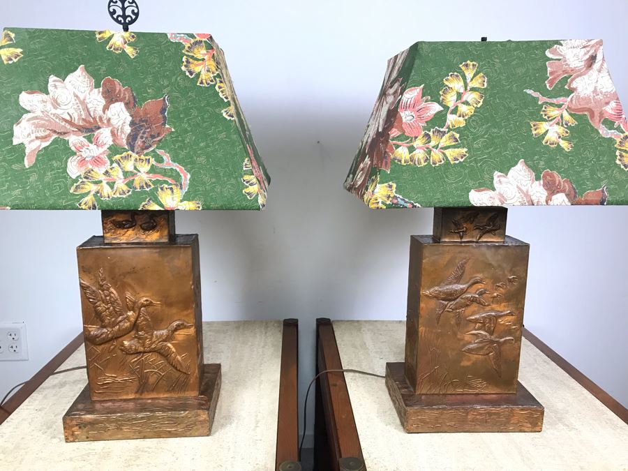 Pair Of Vintage Copper Embossed Table Lamps Decorated With Wildlife Ducks [Photo 1]