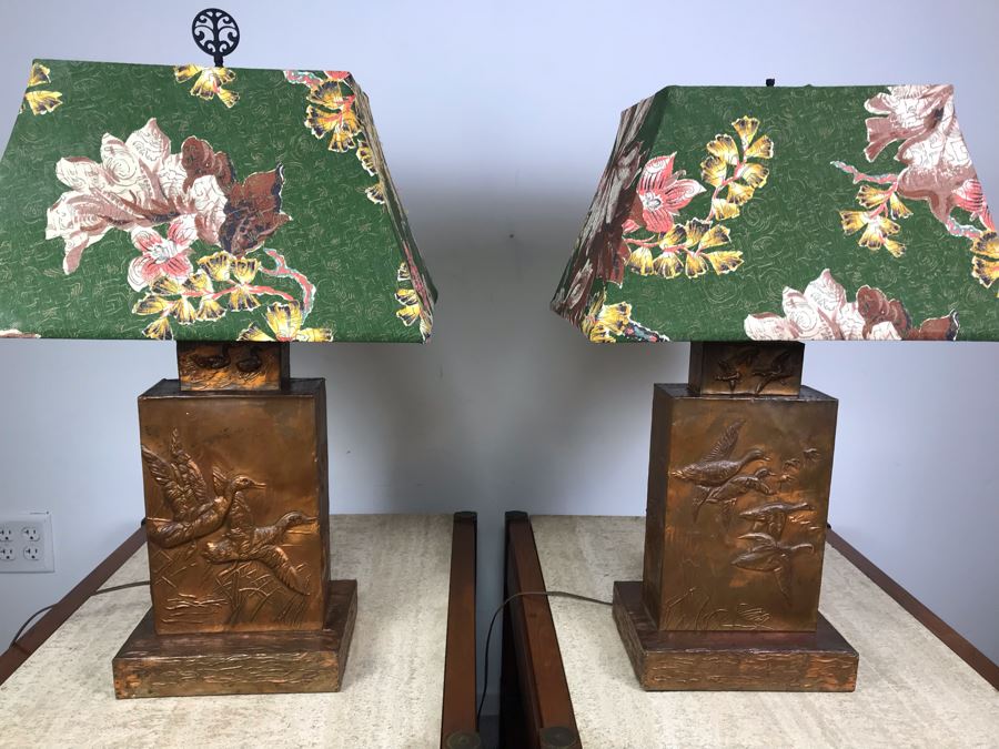 Pair Of Vintage Copper Embossed Table Lamps Decorated With Wildlife Ducks [Photo 2]