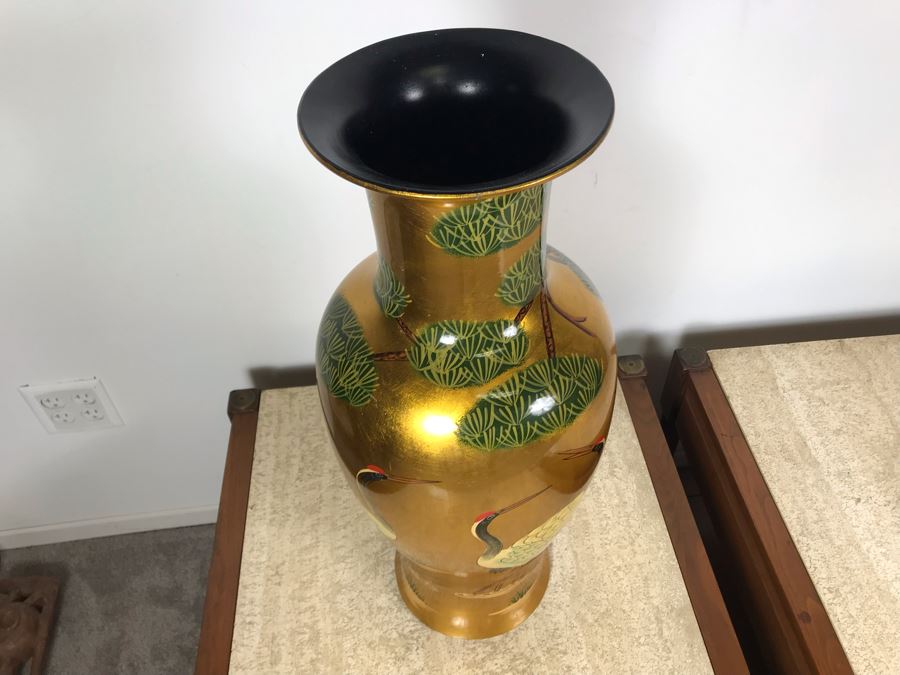 JUST ADDED - Gold Chinese Vase Decorated With Red Crowned Cranes 2'H [Photo 4]