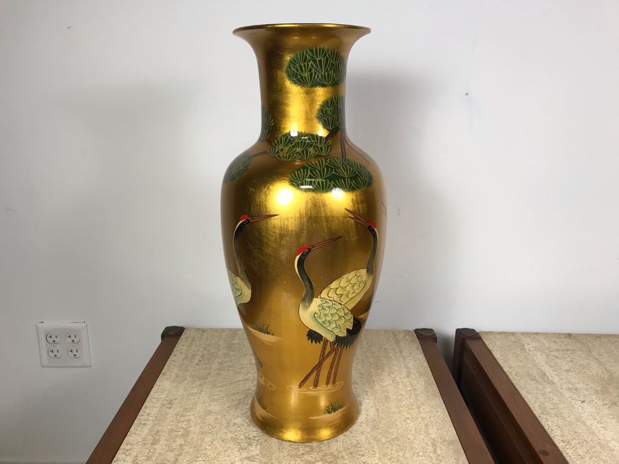 JUST ADDED - Gold Chinese Vase Decorated With Red Crowned Cranes 2'H [Photo 2]