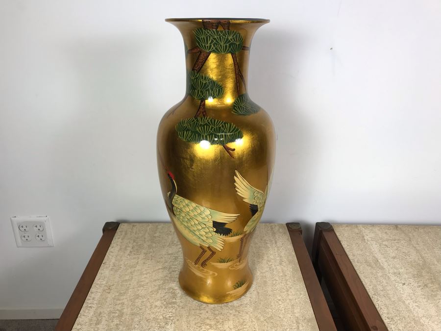 JUST ADDED - Gold Chinese Vase Decorated With Red Crowned Cranes 2'H [Photo 5]