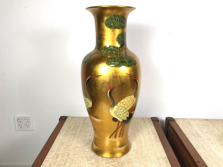 JUST ADDED - Gold Chinese Vase Decorated With Red Crowned Cranes 2'H [Photo 1]
