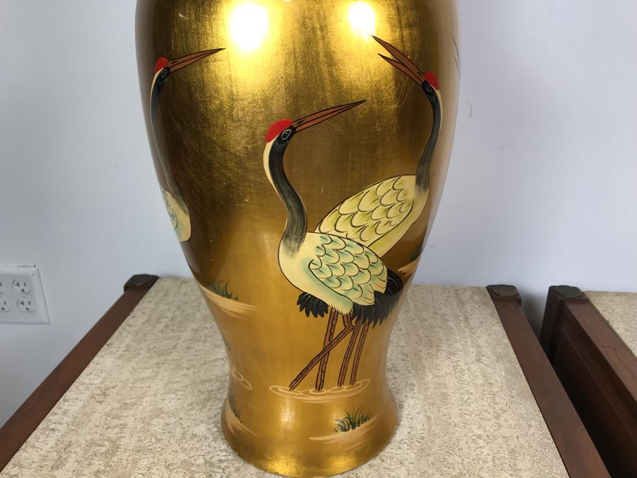 JUST ADDED - Gold Chinese Vase Decorated With Red Crowned Cranes 2'H [Photo 3]