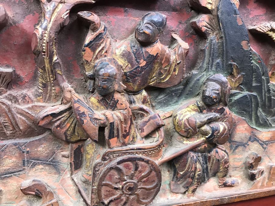 Antique Chinese Carved Wooden Desk With Scenic Carvings On Front And Both Sides [Photo 34]