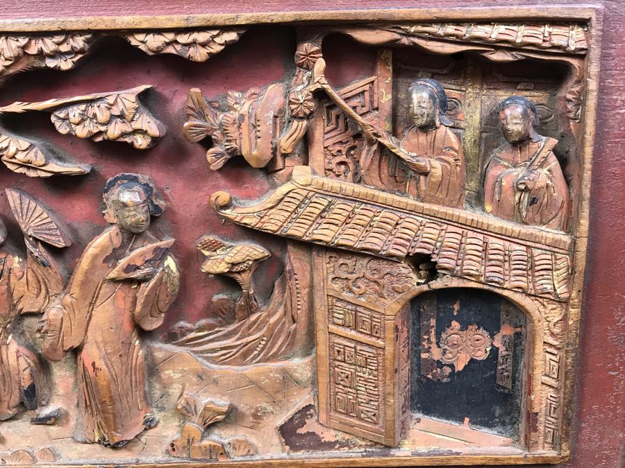 Antique Chinese Carved Wooden Desk With Scenic Carvings On Front And Both Sides [Photo 23]