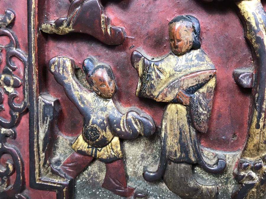 Antique Chinese Carved Wooden Desk With Scenic Carvings On Front And Both Sides [Photo 14]
